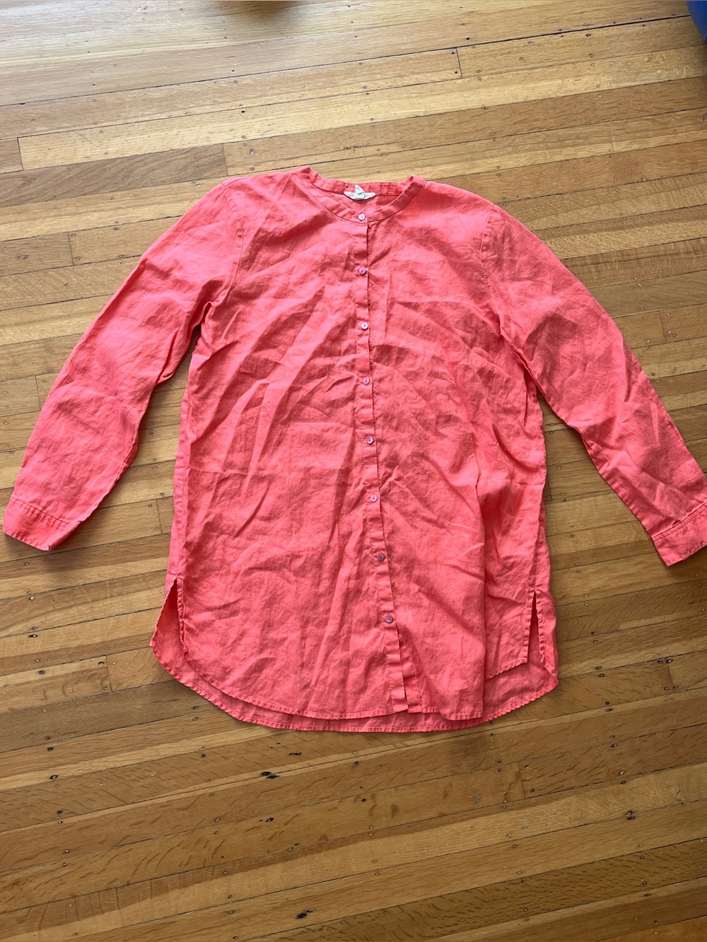 Eileen Fisher 100% linen mandarin collar tunic button down shirt peach coral L
